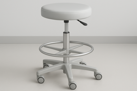 PU padded stool with foot ring, swivel base, and quiet castor wheels. Ergonomic for surgical staff.