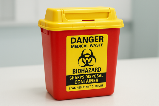 Puncture-proof sharps disposal container designed for safe disposal of syringes, needles, and other sharp medical waste. Leak-resistant with secure locking lid for maximum safety.