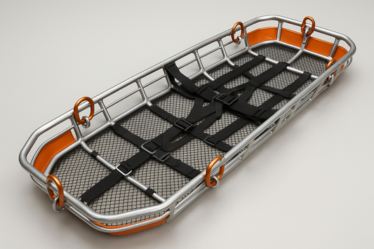 Rescue basket stretcher with aluminum alloy frame and mesh base. Includes adjustable harness system and lifting rings for helicopter or rope rescue operations. Suitable for rugged terrains and water rescue.