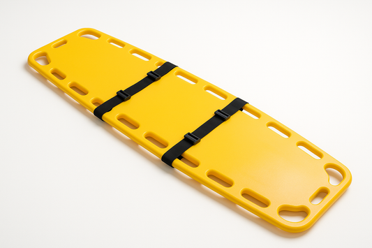 Rigid spine board made from high-density polyethylene, radiolucent and waterproof. Comes with adjustable safety straps. Used for immobilizing spinal injuries during trauma or emergency rescue.