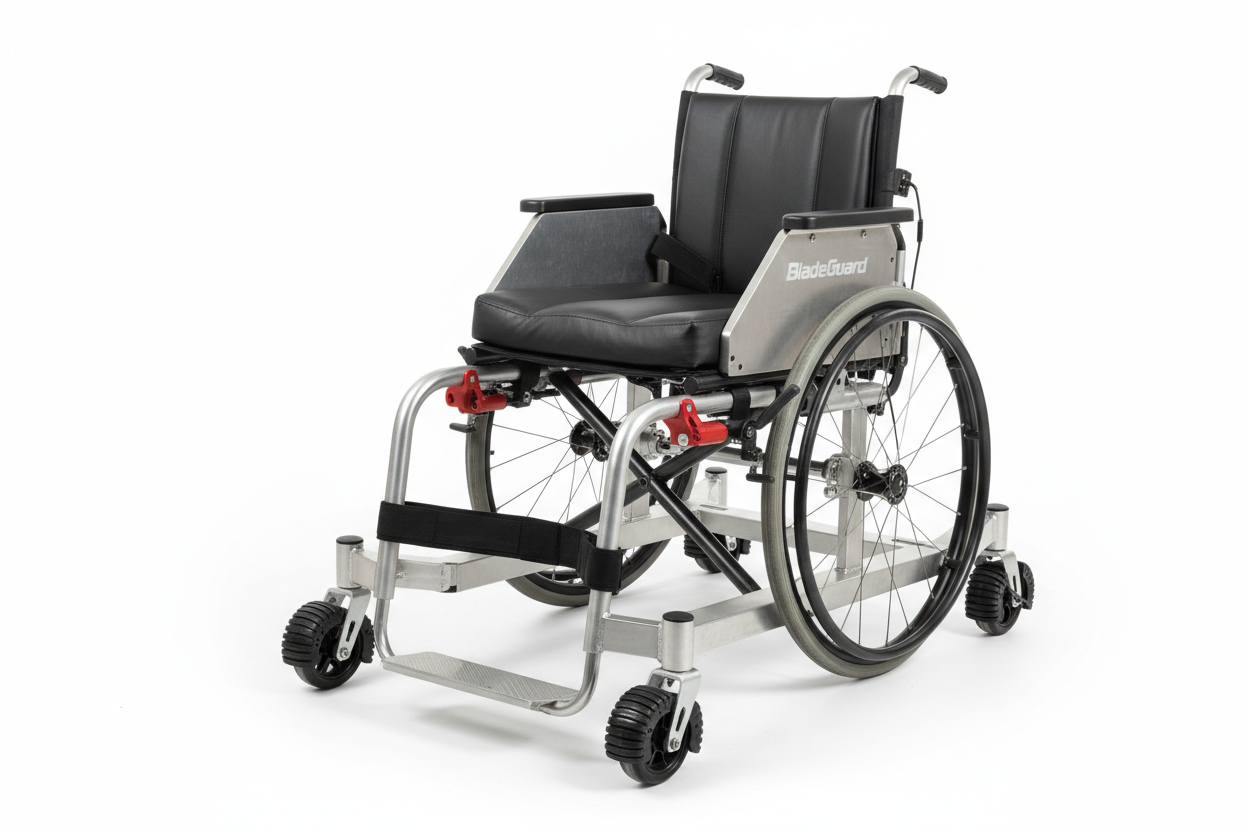 Safexmart’s BladeGuard Fencing Wheelchair provides a secure fixed dueling base for adaptive fencing. Designed with a reinforced seat mount, stability locks, and anti-slip wheel clamps, it allows precision movement and strike control during competition bouts.