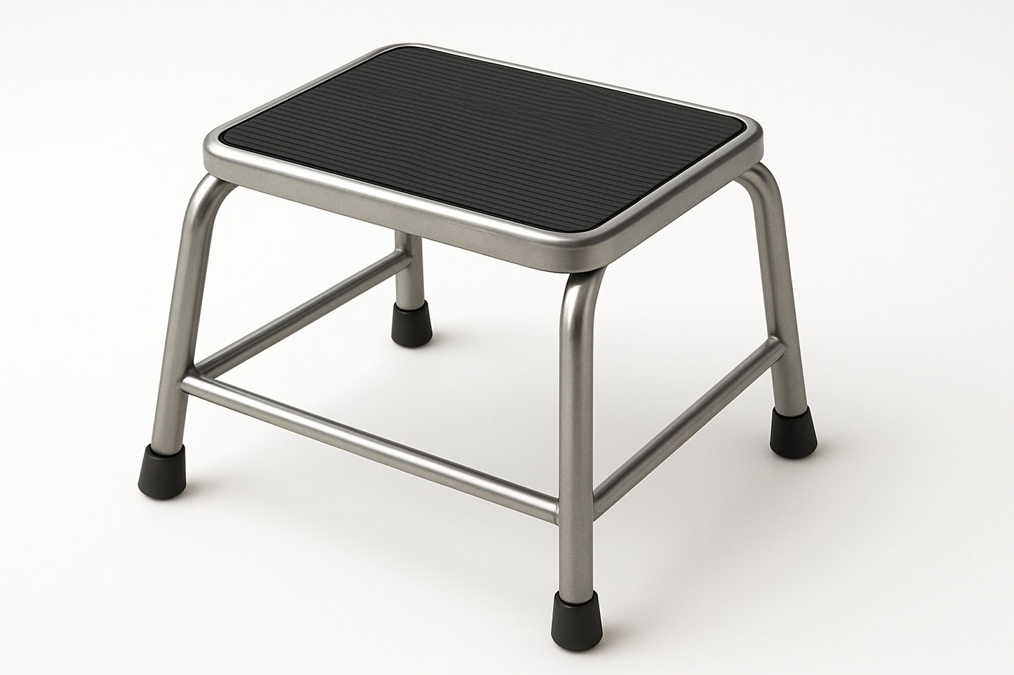 Single-step stool with anti-slip rubber and rust-resistant steel frame.