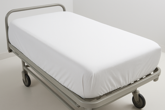 Soft, breathable fitted sheet for hospital beds.

100% cotton
Machine washable
Elastic corners for secure fit
Durable for daily hospital use