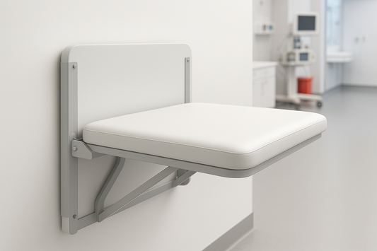 Space-saving wall-mounted examination couch with fold-up mechanism and cushioned top. Ideal for compact clinics and emergency rooms. Powder-coated steel structure with wall clamp fitting and PVC upholstery.