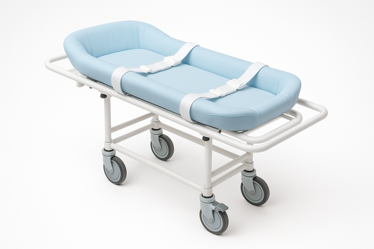 Specialized infant stretcher with soft cushioned pad, safety straps, and compact lightweight frame. Designed for neonatal transport within NICU or pediatric hospitals. Non-toxic and washable materials.