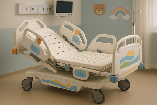 Specialized pediatric ICU bed with manual Trendelenburg and backrest adjustment, collapsible safety side rails, and child-friendly rounded edges. Made for intensive care units with superior stability and ergonomic features.