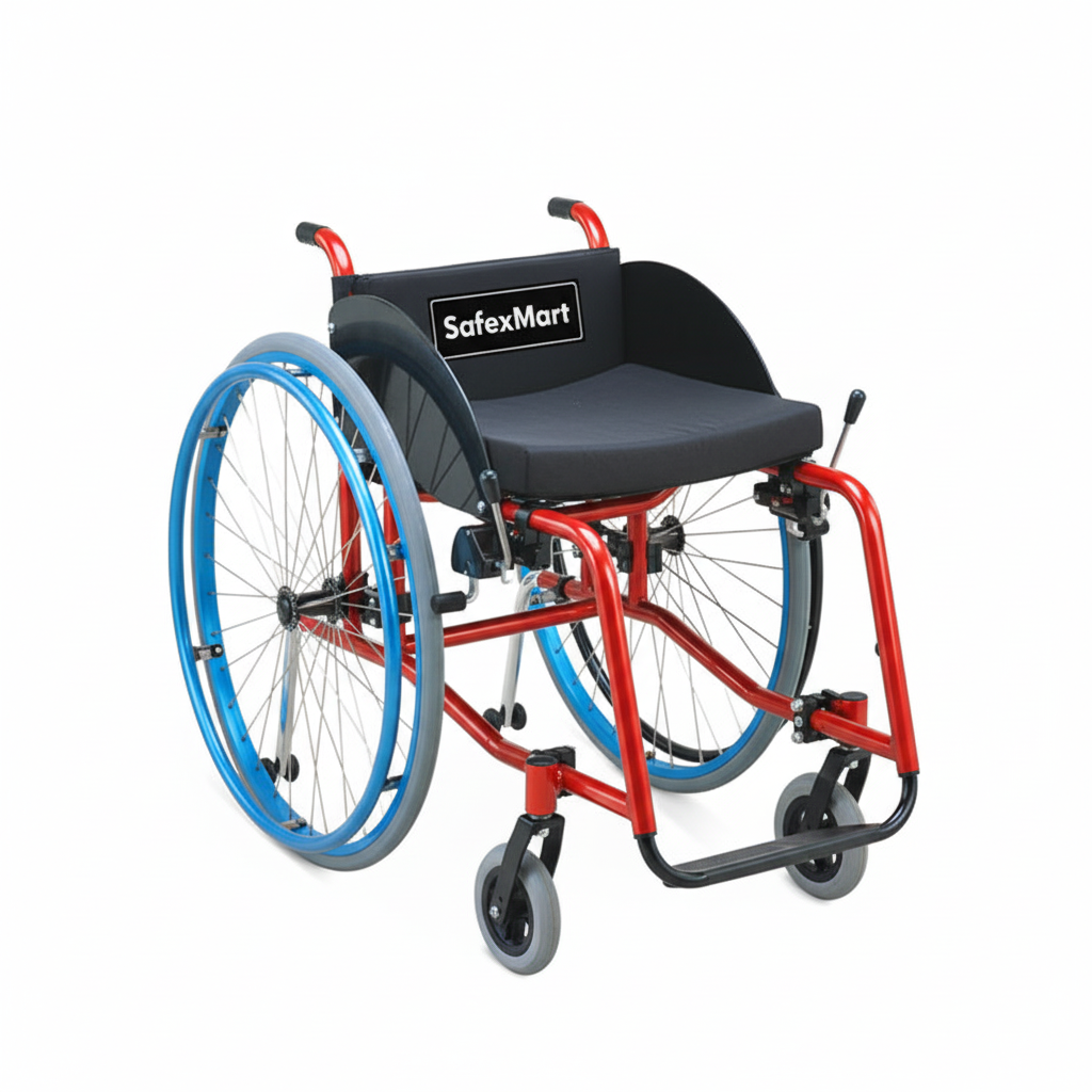 Sports wheelchair with red frame and blue tires