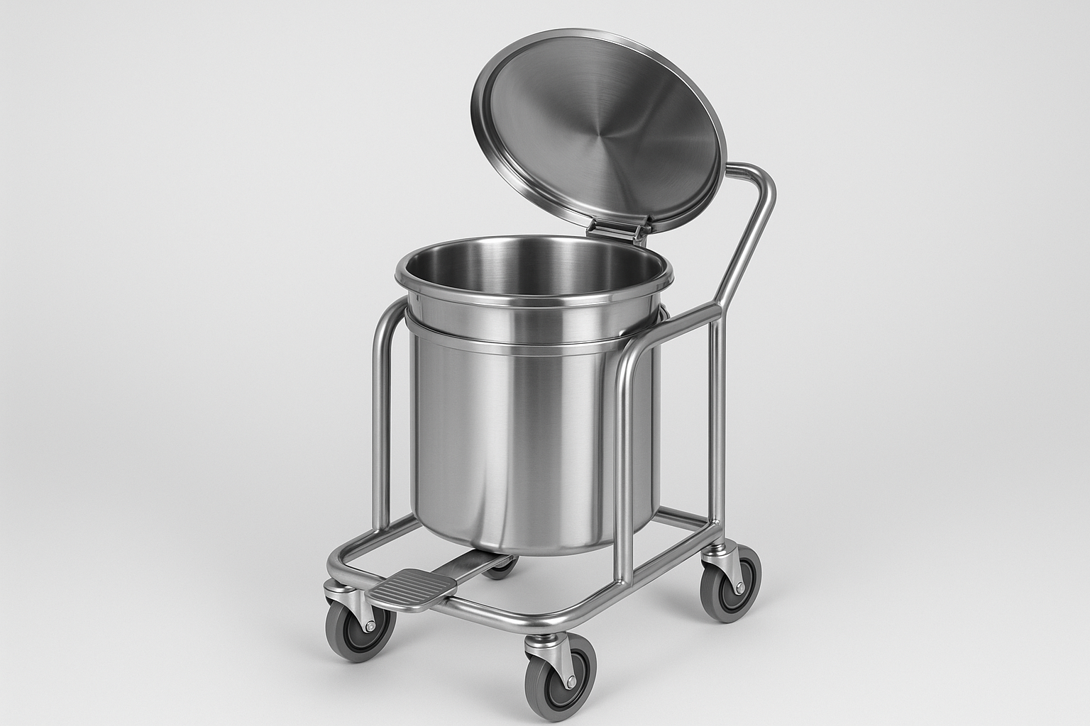 SS kick bucket with trolley frame and smooth wheels, used for OR waste disposal
