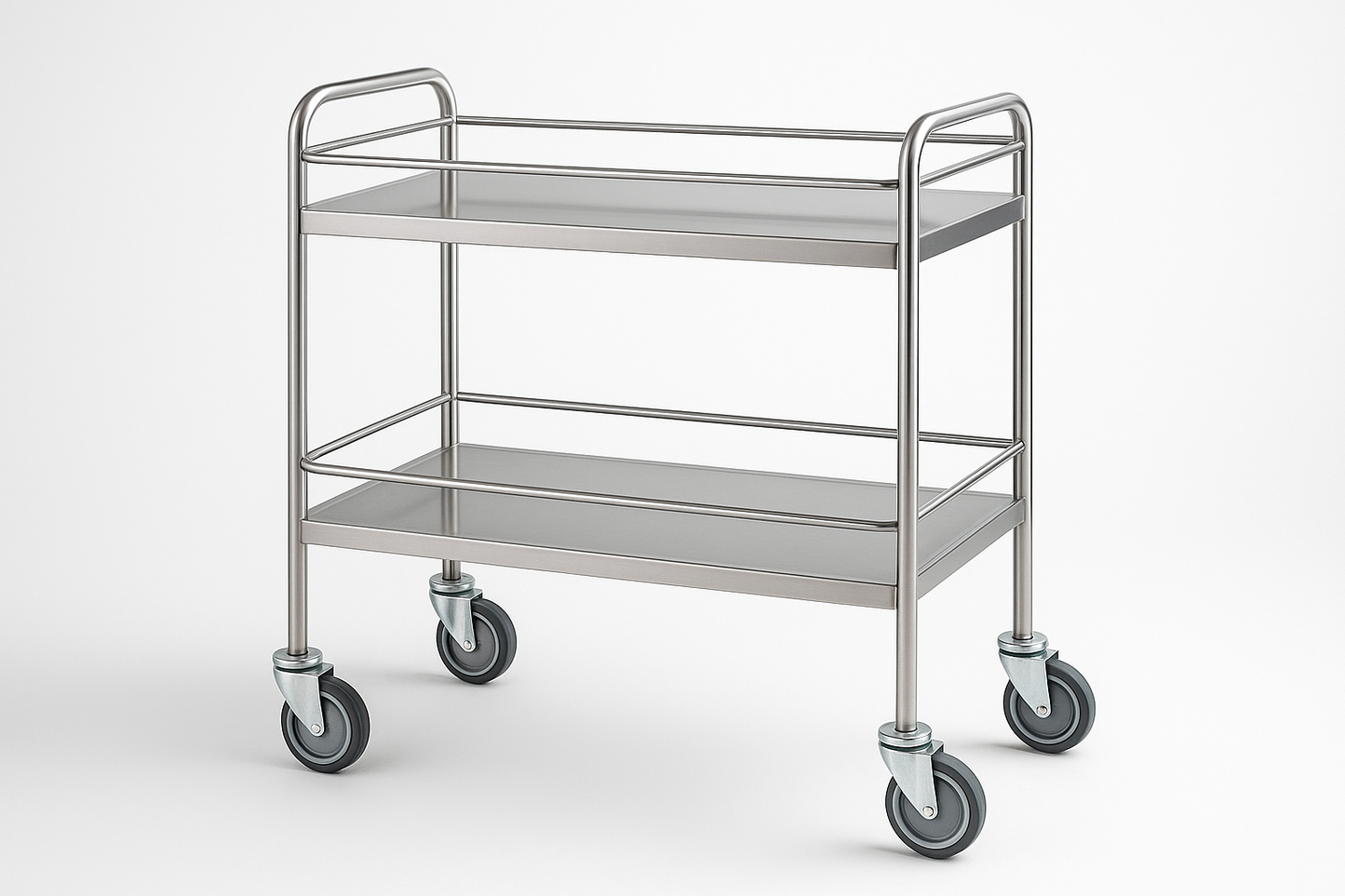 SS surgical instrument trolley with two shelves, guard rails, and anti-rust wheels.