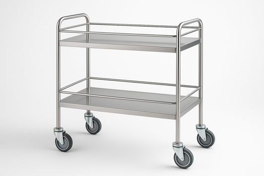 SS surgical instrument trolley with two shelves, guard rails, and anti-rust wheels.