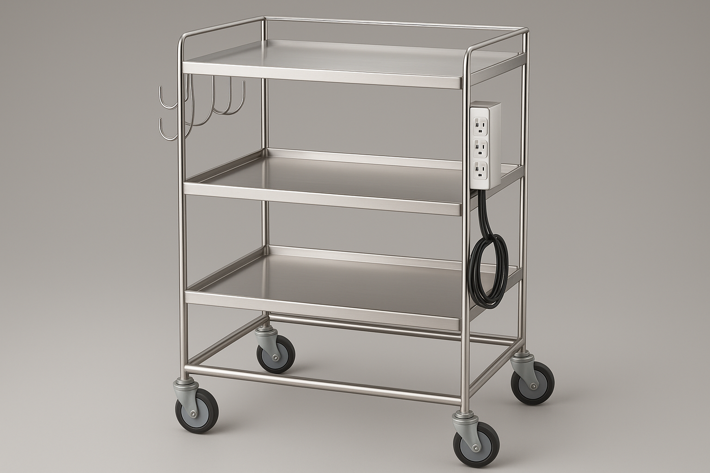 SS trolley for electrocautery/diathermy units with power socket panel and cable hooks.