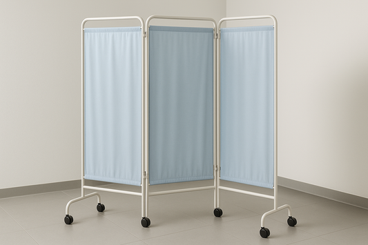 Sturdy 3-panel privacy screen with washable fabric and foldable steel frame. Provides patient privacy during examinations.