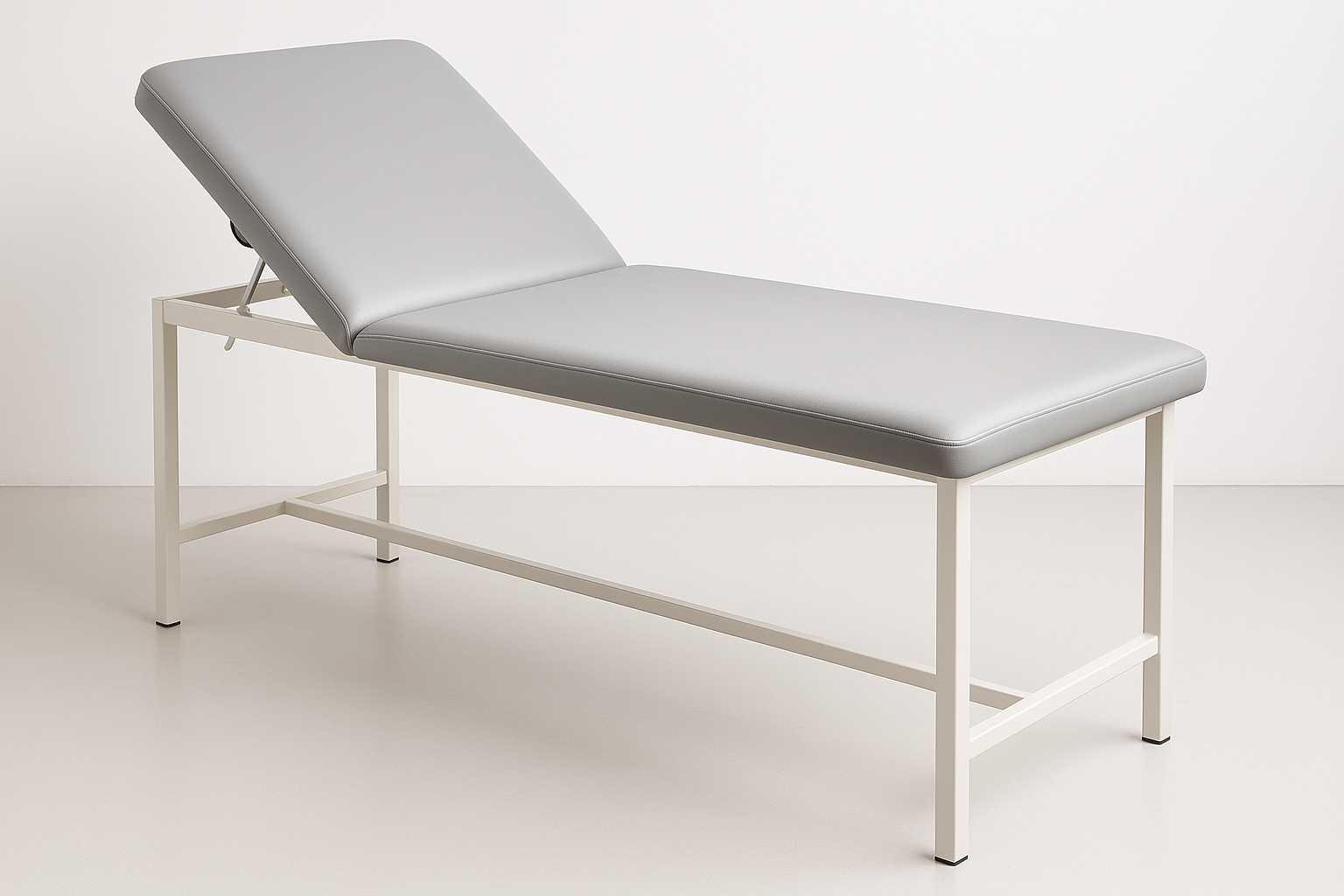 Sturdy steel frame examination couch with cushioned top, easy-to-clean vinyl cover, and adjustable backrest for patient comfort.