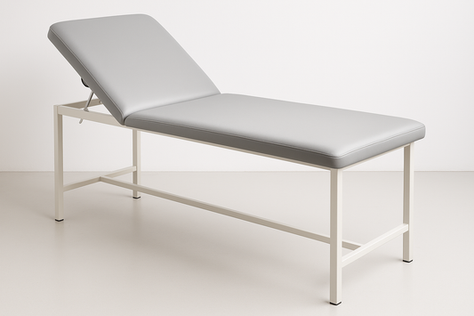 Sturdy steel frame examination couch with cushioned top, easy-to-clean vinyl cover, and adjustable backrest for patient comfort.