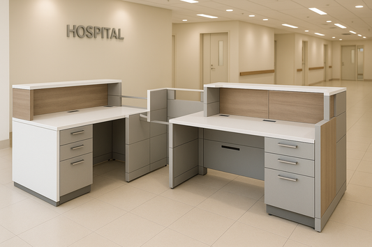 Stylish modular reception desk with ample storage, cable management, and durable laminate finish. Ideal for hospital receptions.