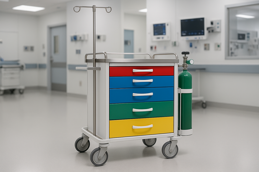 The Crash Cart is an essential piece of emergency medical equipment. Designed for rapid access to life-saving supplies, it includes multiple color-coded drawers, an IV pole, oxygen cylinder holder, and smooth-rolling wheels with brakes. Ideal for emergency rooms, ICUs, and high-dependency units.