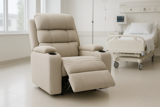 The Deluxe Padded Recliner Chair offers superior comfort with extra-thick cushioning, extended leg support, and built-in cup holders. Upholstered in antimicrobial fabric, it’s both luxurious and practical. Ideal for private hospital rooms, maternity wards, or recovery areas where comfort is a priority.