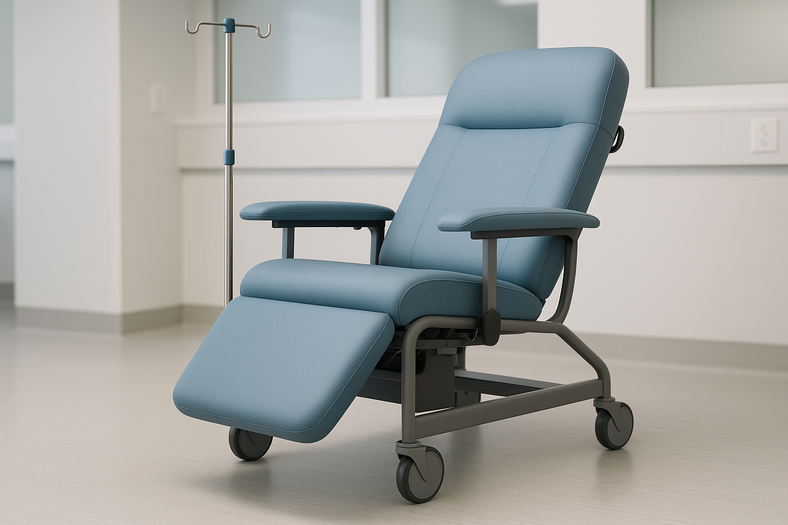 the Infusion Recliner Chair is optimized for patient comfort during IV therapy or dialysis sessions. It includes adjustable armrests, a height-adjustable IV pole, and a smooth reclining action. The high-density foam cushioning reduces fatigue during long treatment hours, while the waterproof fabric ensures easy cleaning and infection control.
