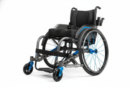 The LaxDrive Lacrosse Wheelchair combines agility with strength for full-contact adaptive lacrosse. Reinforced side frames protect against impact, while high-grip tires and responsive steering give players superior mobility on the field. Designed for competitive use.
