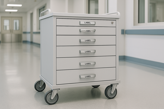The Mobile Medical Storage Trolley comes with multiple lockable drawers for safe segregation of medical supplies. Heavy-duty caster wheels allow smooth movement across hospital floors, making it ideal for emergency rooms, operation theatres, and patient care wards.
