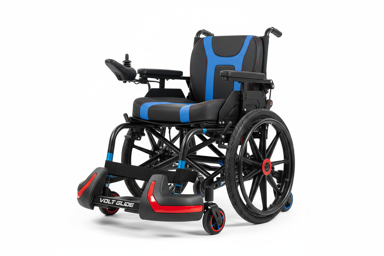 The PowerKick Electric Powerchair is built specifically for powerchair football, offering programmable speed control, responsive joystick handling, and reinforced bumpers for strategic gameplay. Designed for high-performance athletes seeking precision, comfort, and control.with white background