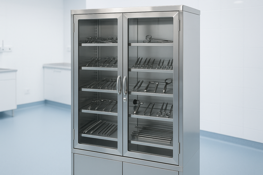 The Stainless Steel Instrument Cabinet with Glass Door is designed for safe and hygienic storage of surgical and diagnostic instruments. Featuring adjustable shelves, double lockable glass doors, and rust-resistant stainless steel, this cabinet ensures easy visibility and quick access. Ideal for operation theatres, diagnostic centers, and sterile storage rooms.