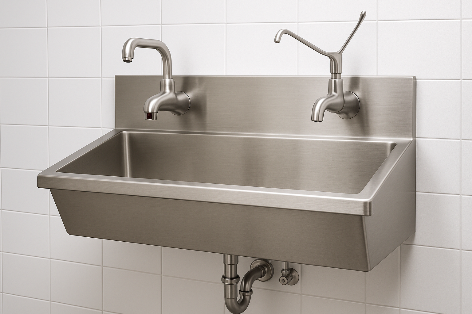 Wall-mounted SS scrub sink with infrared sensor tap, elbow faucet, and dual user support.