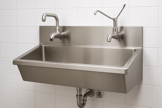Wall-mounted SS scrub sink with infrared sensor tap, elbow faucet, and dual user support.